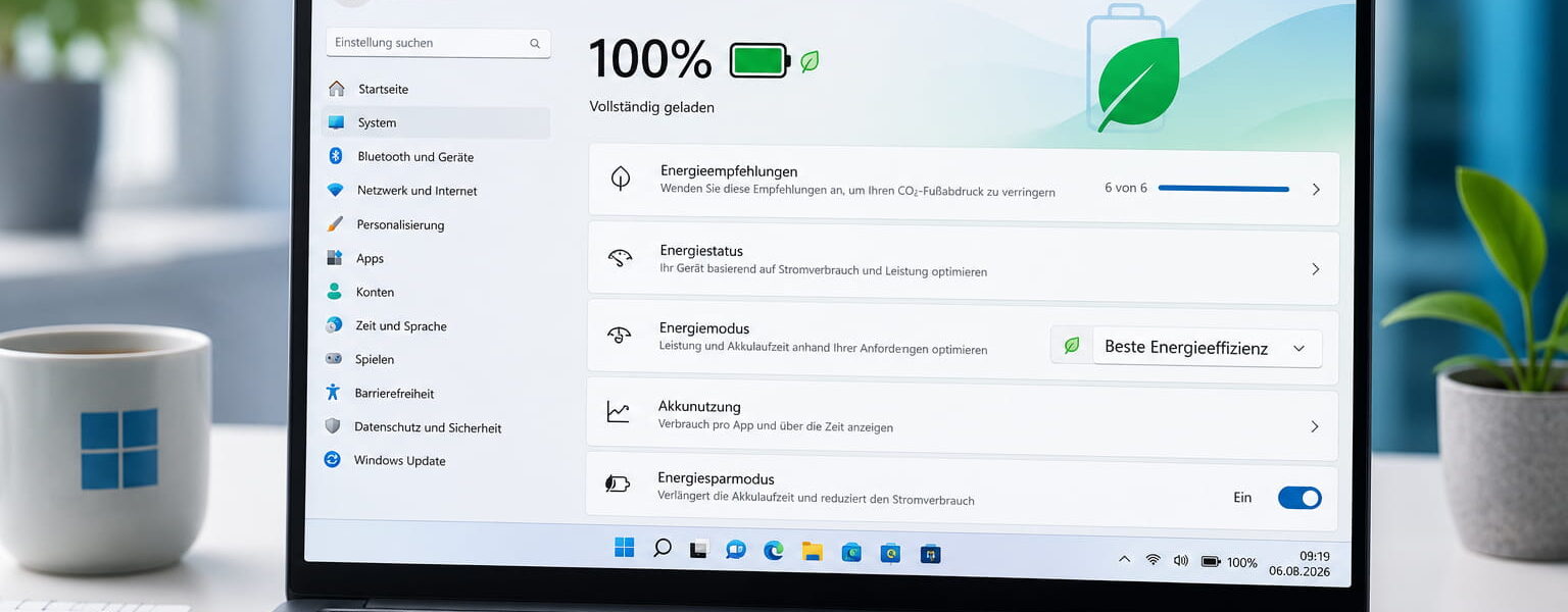 Windows 11 Akkulaufzeit verbessern mit den Strom- und Akkueinstellungen am Laptop