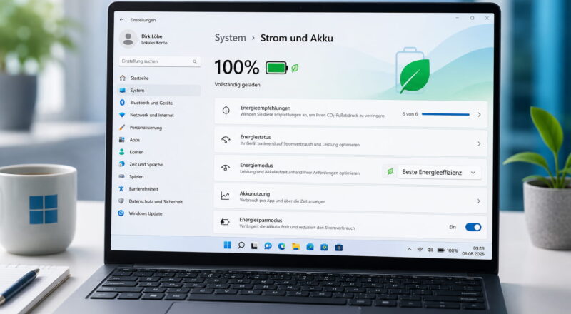 Windows 11 Akkulaufzeit verbessern mit den Strom- und Akkueinstellungen am Laptop