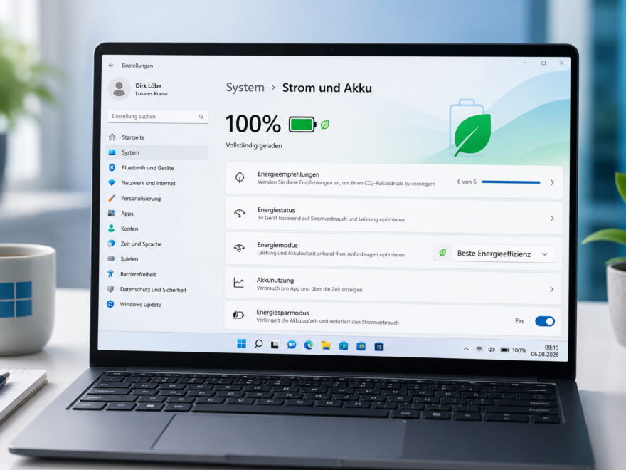 Windows 11 Akkulaufzeit verbessern mit den Strom- und Akkueinstellungen am Laptop
