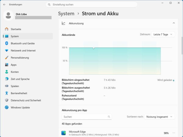 Akkunutzung in Windows 11 mit Verbrauch pro App anzeigen