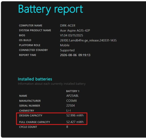 Windows 11 Battery Report mit Design Capacity und Full Charge Capacity