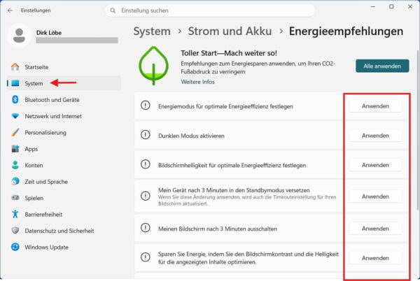 Energieempfehlungen in Windows 11 zur Verbesserung der Akkulaufzeit