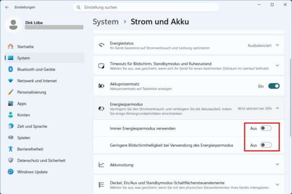 Energiesparmodus in Windows 11 mit reduzierter Bildschirmhelligkeit