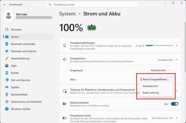 Windows 11 Energiestatus auf Beste Energieeffizienz stellen