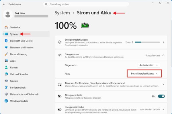 Windows 11 Akkulaufzeit verbessern mit dem Energiemodus Beste Energieeffizienz