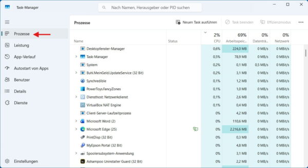 Task-Manager bei einem eingefrorenen Windows 11 prüfen Windows 11 friert ein: Task-Manager in Windows 11 zur Prüfung laufender Prozesse und Systemauslastung