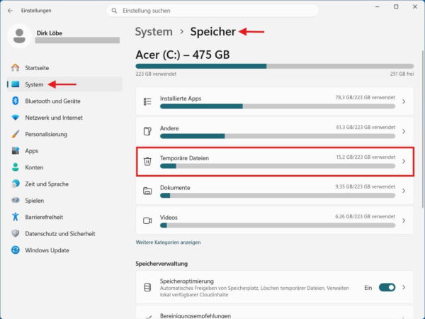 Temporäre Dateien in Windows 11 öffnen Temporäre Dateien in den Speichereinstellungen von Windows 11