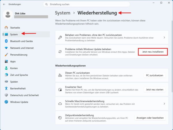 Windows 11 reparieren über Windows Update Windows-11-Wiederherstellung mit Option zur Reparatur über Windows Update