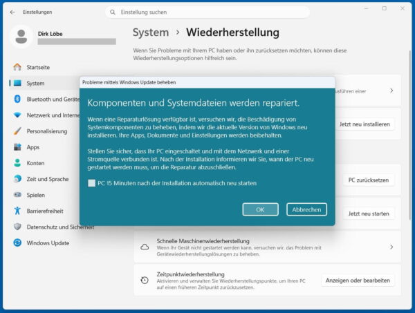 Reparaturinstallation von Windows 11 starten Dialog zum Starten der Reparaturinstallation von Windows 11