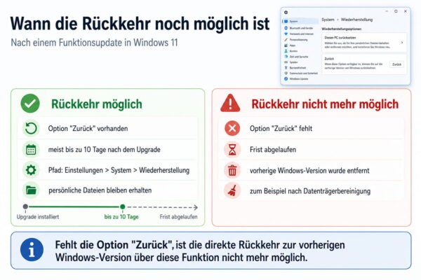 Windows 11 zur vorherigen Version zurückkehren Rückkehr zur vorherigen Windows-Version nach einem Funktionsupdate