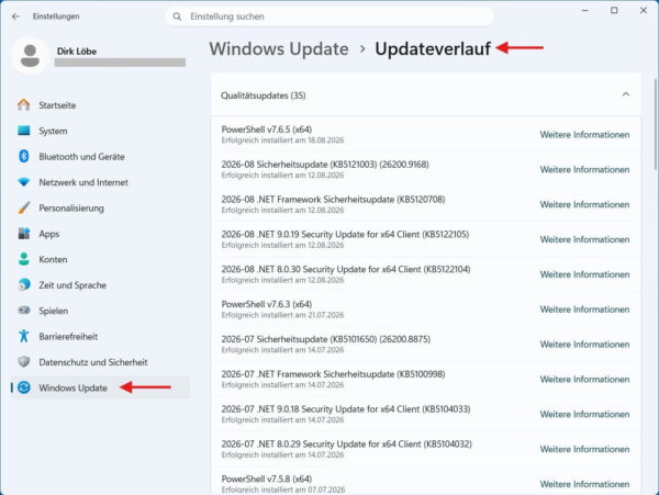 Updateverlauf in Windows 11 anzeigen Windows 11 Updateverlauf mit installierten Updates und KB-Nummern