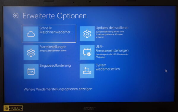 Erweiterte Optionen in Windows 11 mit Schneller Maschinenwiederherstellung und Update-Deinstallation