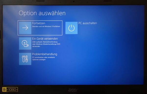 Windows 11 Wiederherstellungsumgebung mit der Option Problembehandlung