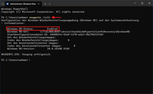 Windows RE Status mit REAgentC prüfen Status der Windows-Wiederherstellungsumgebung mit reagentc prüfen