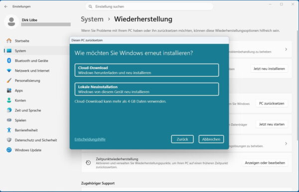 Cloud-Download oder lokale Neuinstallation wählen Windows 11 Auswahl zwischen Clouddownload und lokaler Neuinstallation