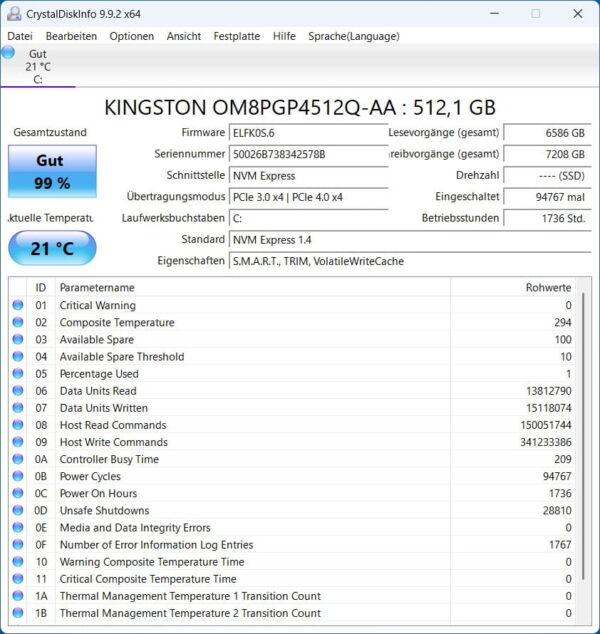 SMART-Werte einer SSD in CrystalDiskInfo unter Windows