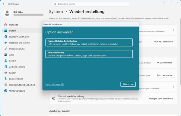 Dateien beim Zurücksetzen von Windows 11 beibehalten Auswahl zwischen eigene Dateien beibehalten und alles entfernen in Windows 11
