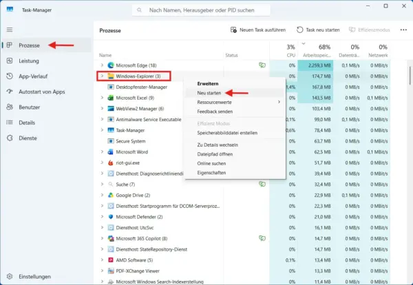 Windows Explorer im Task-Manager von Windows 11 neu starten