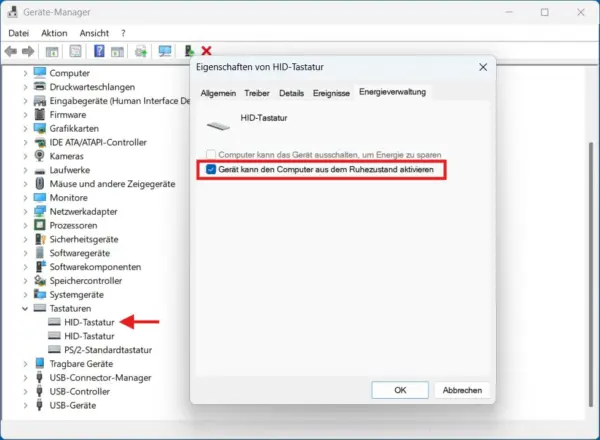Gerät darf Windows 11 aus dem Ruhezustand aktivieren Aufweckberechtigung eines Geräts im Windows-11-Geräte-Manager