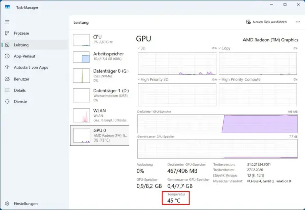 Grafikkarten-Temperatur im Task-Manager GPU-Temperatur im Windows-11-Task-Manager anzeigen