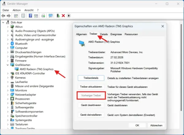 Grafiktreiber in Windows 11 über den Geräte-Manager auf die vorherige Version zurücksetzen