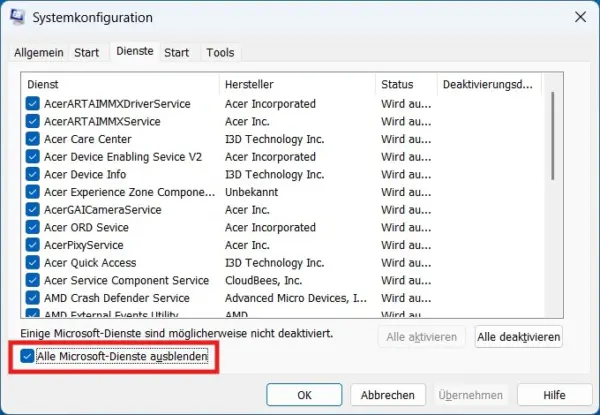 Microsoft-Dienste in msconfig ausblenden Systemkonfiguration mit ausgeblendeten Microsoft-Diensten