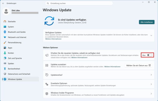 Einstellung für den frühzeitigen Erhalt neuer Windows-11-Updates