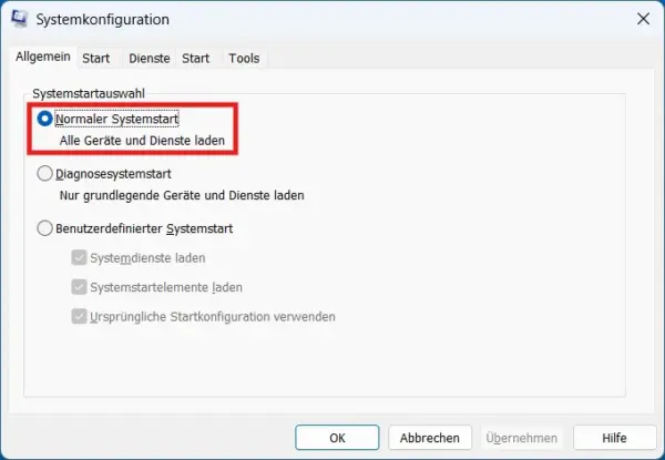 Normalen Systemstart wieder aktivieren Normaler Systemstart in der Windows-Systemkonfiguration