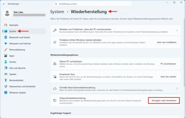 Zeitpunktwiederherstellung in den Windows-11-Einstellungen