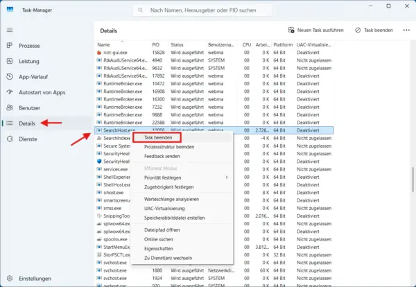 SearchHost.exe im Windows 11 Task-Manager beenden, um die Suche neu zu starten