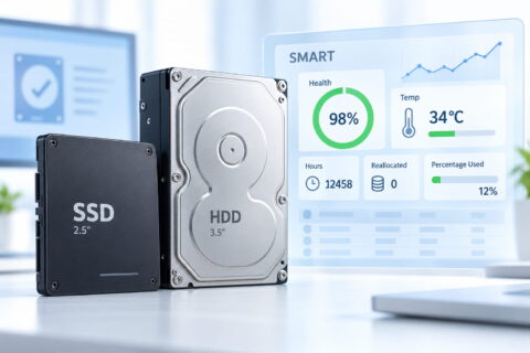 SSD und Festplatte mit Anzeige ihrer SMART-Werte