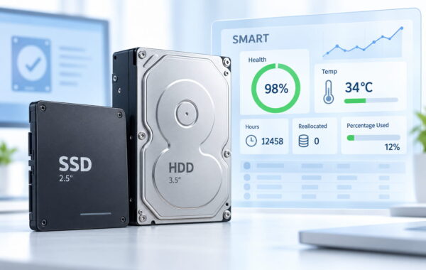 SSD und Festplatte mit Anzeige ihrer SMART-Werte