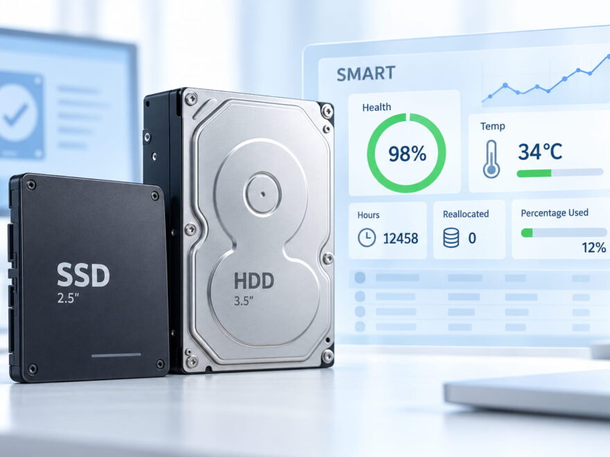 SSD und Festplatte mit Anzeige ihrer SMART-Werte