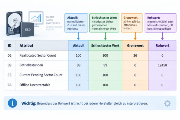 Aufbau einer SMART-Tabelle mit aktuellem Wert, Grenzwert und Rohwert