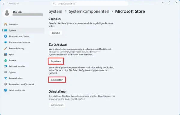 Microsoft Store reparieren oder zurücksetzen unter Windows 11
