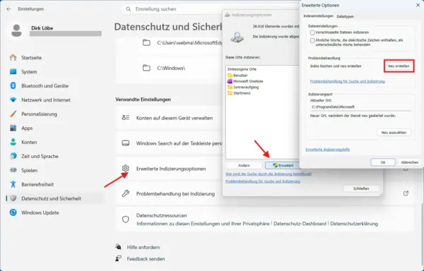 Windows 11 Suchindex über die erweiterten Indizierungsoptionen neu erstellen