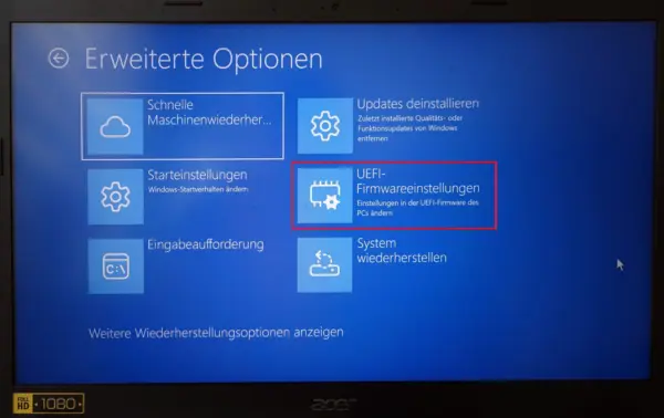 Windows 11 Wiederherstellungsumgebung mit markierter Option UEFI-Firmwareeinstellungen zum Öffnen des BIOS