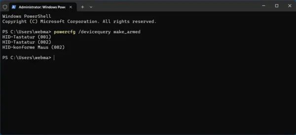 Aufweckberechtigte Geräte unter Windows 11 Geräte anzeigen, die Windows 11 aufwecken dürfen