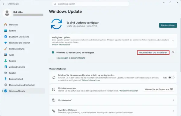 Windows 11 26H2 über Windows Update installieren Windows Update bietet Windows 11 Version 26H2 zur Installation an