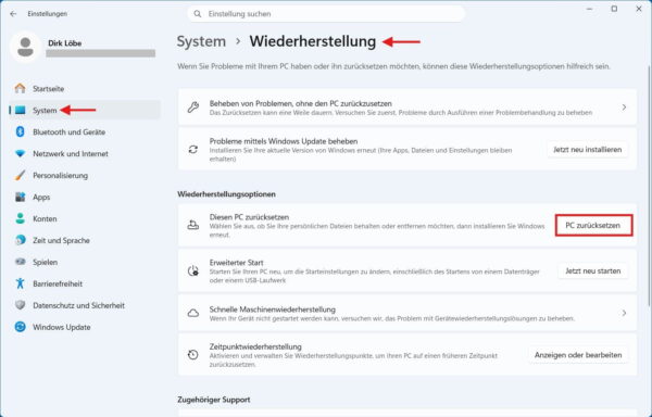 PC unter Windows 11 zurücksetzen Windows 11 Wiederherstellung mit der Option PC zurücksetzen