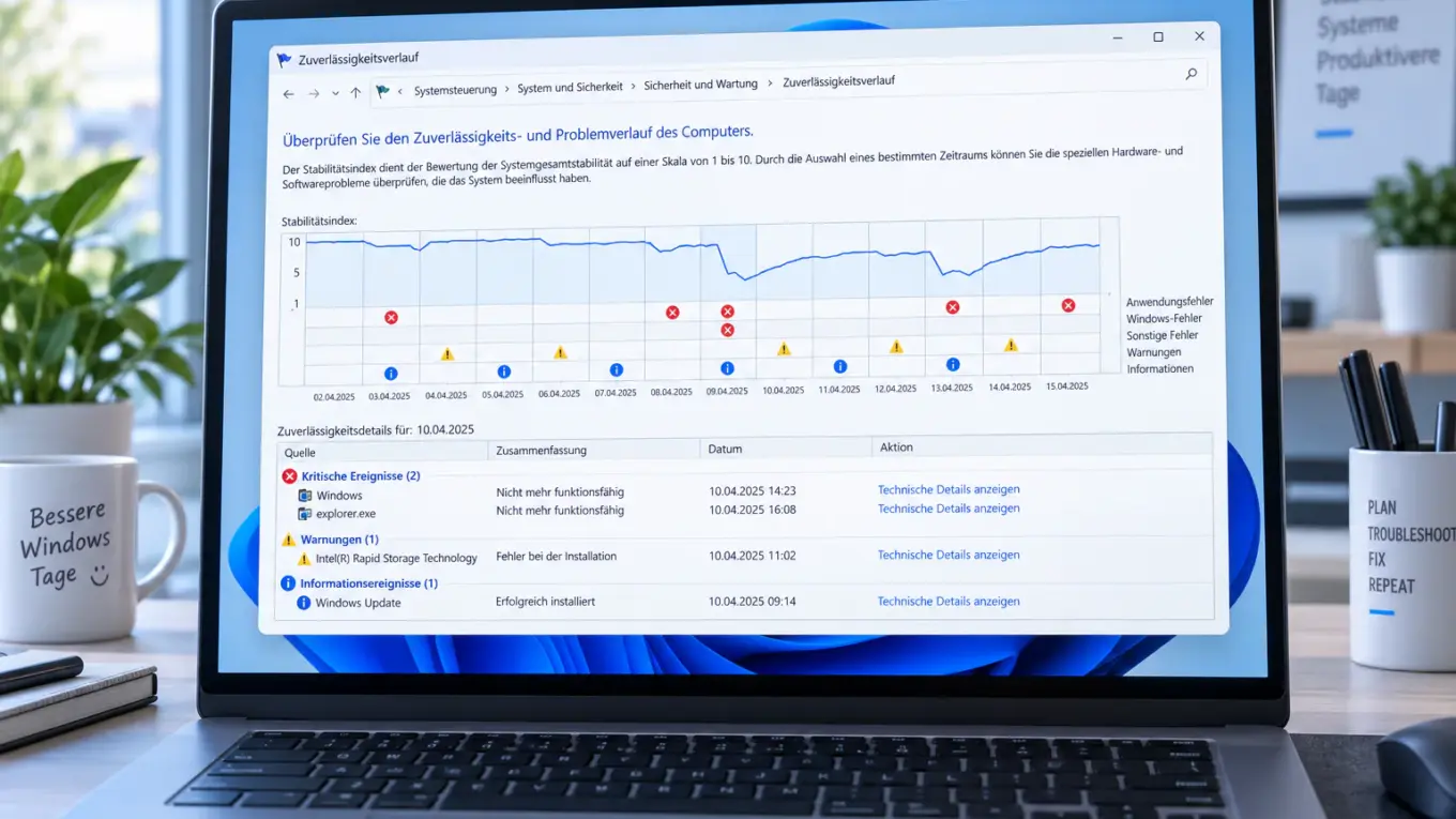 Windows 11 Zuverlässigkeitsverlauf zur Untersuchung von Abstürzen und Systemfehlern