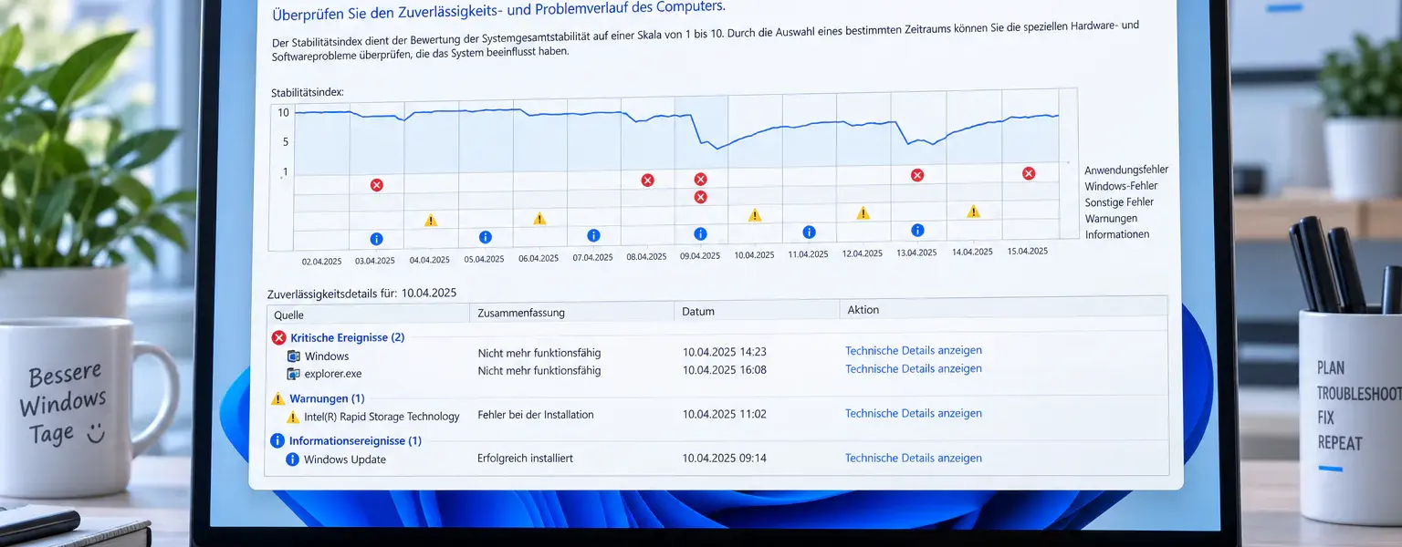 Windows 11 Zuverlässigkeitsverlauf zur Untersuchung von Abstürzen und Systemfehlern