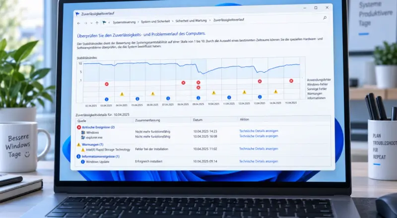 windows 11 zuverlaessigkeitsverlauf beitragsbild Windows 11 Zuverlässigkeitsverlauf zur Untersuchung von Abstürzen und Systemfehlern