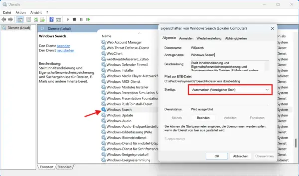 Windows Search Dienst in Windows 11 mit Starttyp und Dienststatus überprüfen