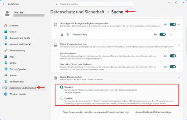 Klassische und erweiterte Suchindizierung in den Windows 11 Einstellungen auswählen