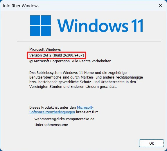 Windows 11 26H2 mit winver überprüfen Winver zeigt Windows 11 Version 26H2 mit Build 26300.9457