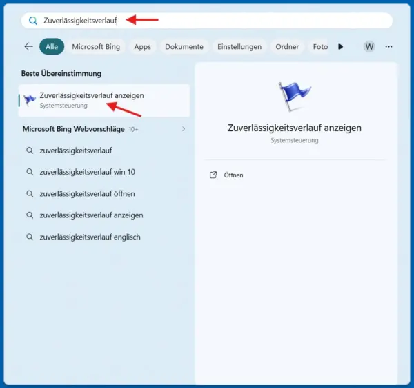 Windows 11 Zuverlässigkeitsverlauf über die Windows-Suche öffnen