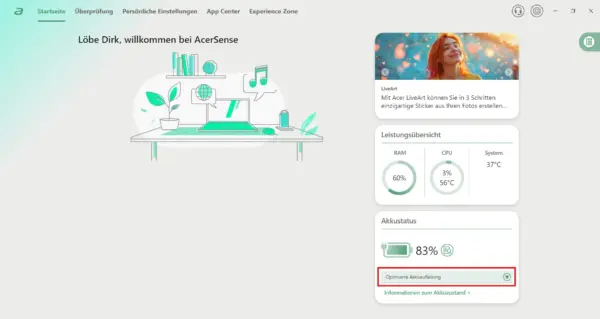 Optimierte Akkuaufladung bei einem Acer-Laptop Optimierte Akkuaufladung in AcerSense aktiviert