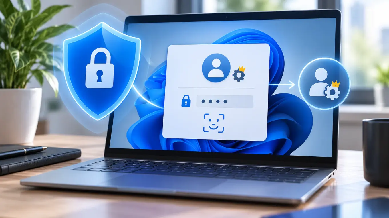 Illustration zum Administrator Protection Schutz in Windows 11 mit Windows Hello und geschützten Administratorrechten