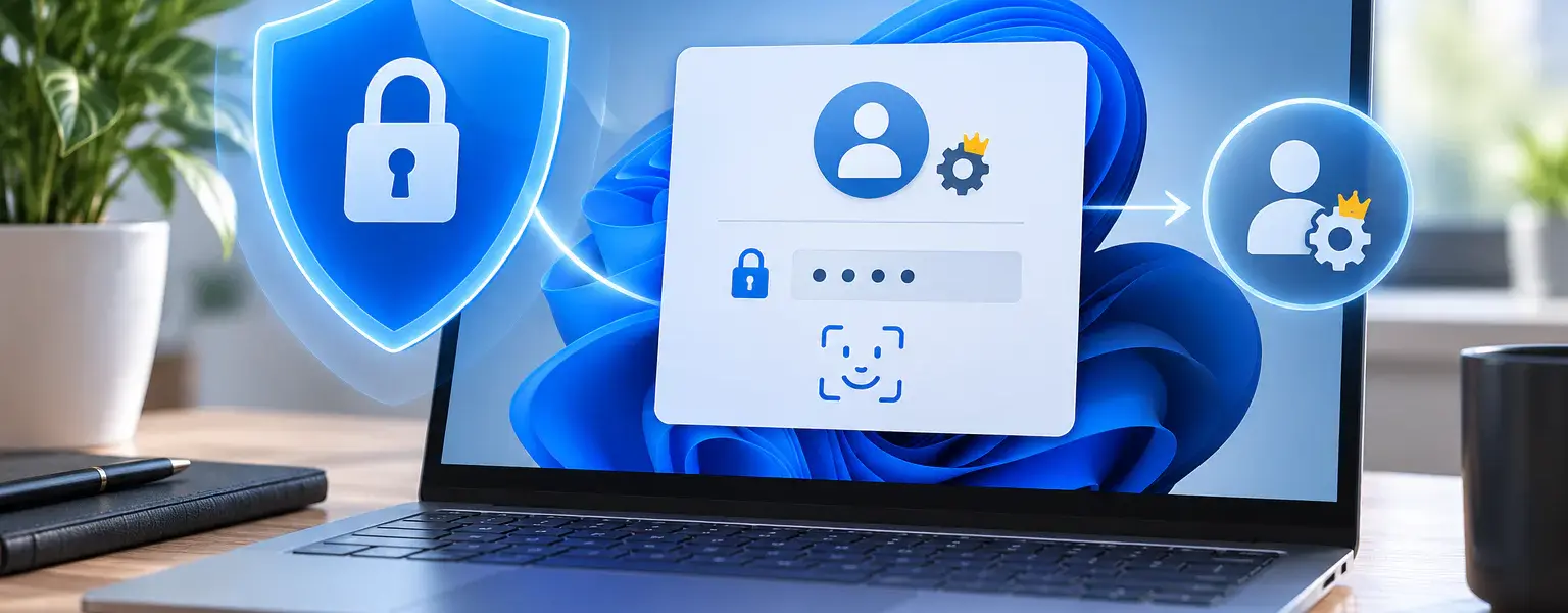 Illustration zum Administrator Protection Schutz in Windows 11 mit Windows Hello und geschützten Administratorrechten